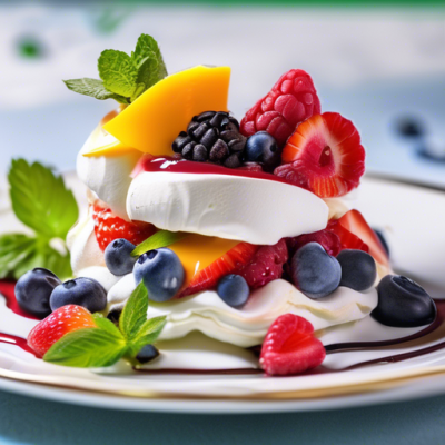Pavlova Estivale aux Fruits Rouges et Coulis de Mangue Pavlova Estivale aux Fruits Rouges et Coulis de Mangue